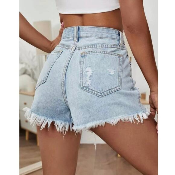 SHEIN Distressed Ripped Denim Shorts Women’s Medium High Rise 2” Inseam Size 6 - Picture 2 of 7